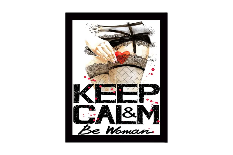 Innrammet lerretsbilde i tre - 41x56 cm - Provoserende motiv med en hånd som holder et hjerte i strømpebukser, Rød / Svart / Beige