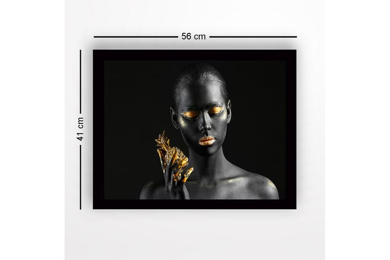 Innrammet lerretsbilde i tre - 41x56 cm - Portrett av en kvinne med svart hud og gulldetaljer som holder en ananas - Svart / Gull - Innredning - Bilder & kunst