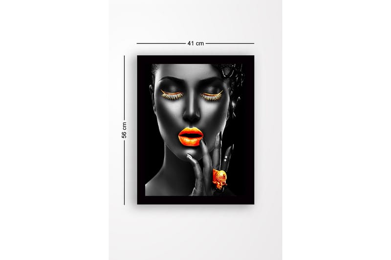 Innrammet lerretsbilde i tre - 41x56 cm - Portrett av en kvinne med sterke farger på lepper og øyevipper - Oransje / Svart - Innredning - Bilder & kunst