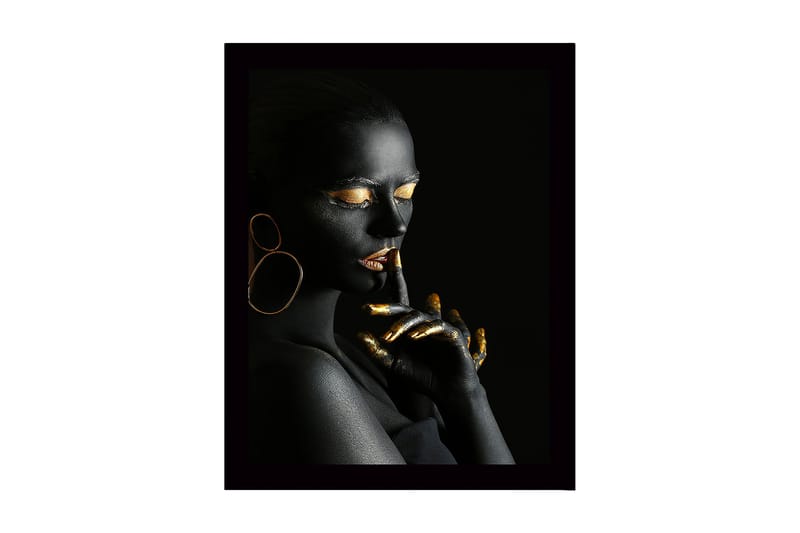 Innrammet lerretsbilde i tre - 41x56 cm - Portrett av en kvinne med svart kroppsmaling og gulldetaljer, Svart / Gull