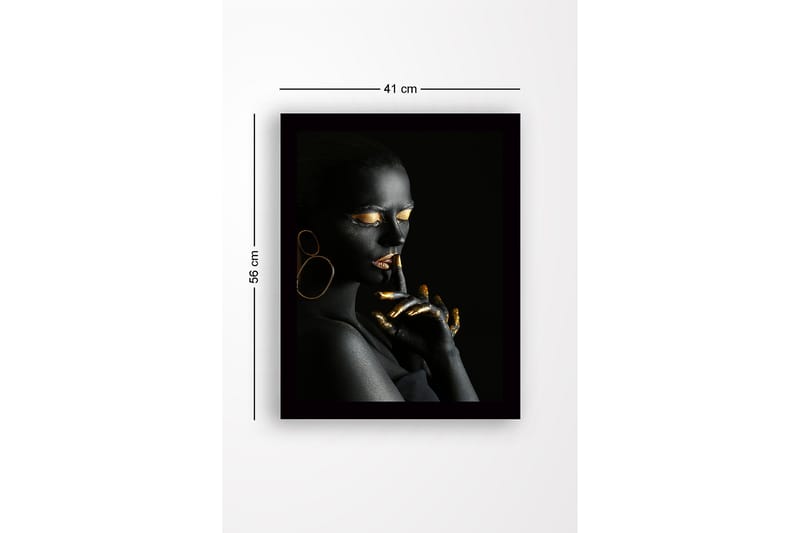 Innrammet lerretsbilde i tre - 41x56 cm - Portrett av en kvinne med svart kroppsmaling og gulldetaljer - Svart / Gull - Innredning - Bilder & kunst