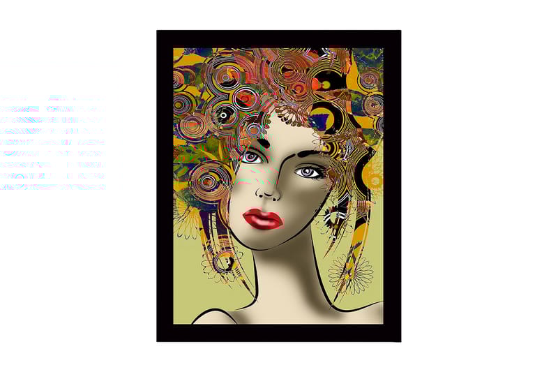 Innrammet lerretsbilde i tre - 41x56 cm - Portrett av en kvinne med fargerik frisyre og sterke ansiktstrekk, Rød / Gul / Grønn