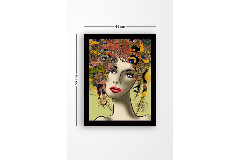 Innrammet lerretsbilde i tre - 41x56 cm - Portrett av en kvinne med fargerik frisyre og sterke ansiktstrekk - Rød / Gul / Grønn - Innredning - Bilder & kunst