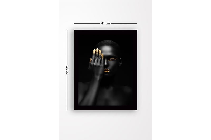 Innrammet lerretsbilde i tre - 41x56 cm - Portrett av en kvinne med en hånd som dekker halve ansiktet - Svart / Gull - Innredning - Bilder & kunst