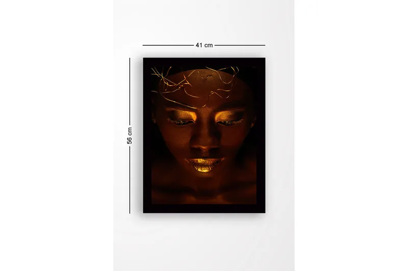 Innrammet lerretsbilde i tre - 41x56 cm - Portrett av en kvinne med gylne detaljer og et mystisk uttrykk - Mørk brun / Gull - Innredning - Bilder & kunst