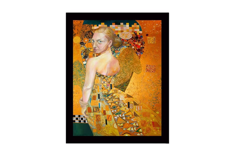 Innrammet lerretsbilde i tre - 41x56 cm - Portrett av en kvinne med gyllen kjole og detaljerte mønstre, Gull / Beige / Grønn