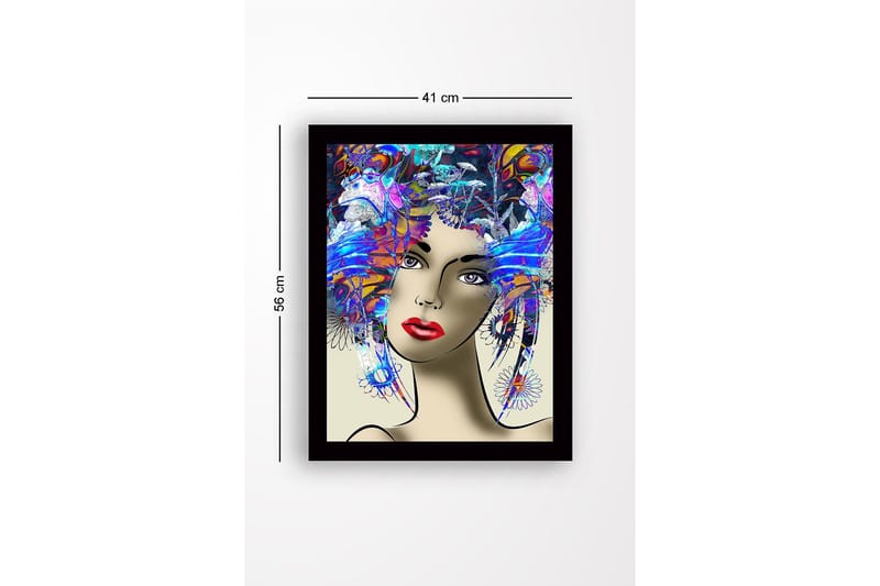 Innrammet lerretsbilde i tre - 41x56 cm - Portrett av en kvinne med fargerik frisyre og sterke ansiktstrekk - Blå / Rød / Lilla - Innredning - Bilder & kunst