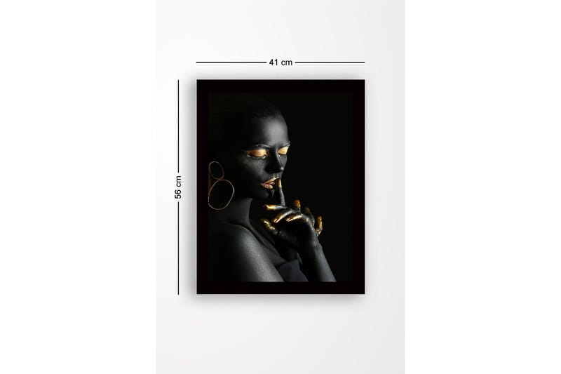 Innrammet lerretsbilde i tre - 41x56 cm - Portrett av en kvinne med svart kroppsmaling og gulldetaljer - Svart / Gull - Innredning - Bilder & kunst