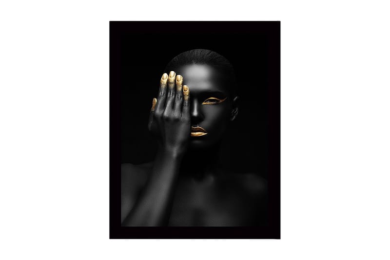 Innrammet lerretsbilde i tre - 41x56 cm - Portrett av en kvinne med en hånd som dekker halve ansiktet, Svart / Gull