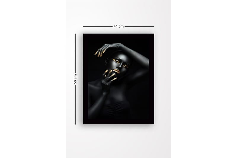 Innrammet lerretsbilde i tre - 41x56 cm - Portrett av en kvinne med svart kroppsmaling og gulldetaljer - Svart / Gull - Innredning - Bilder & kunst