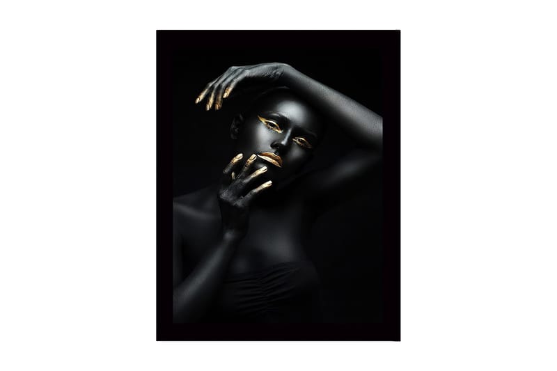 Innrammet lerretsbilde i tre - 41x56 cm - Portrett av en kvinne med svart kroppsmaling og gulldetaljer, Svart / Gull