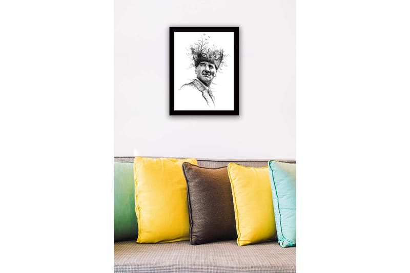 Innrammet lerretsbilde i tre - 41x56 cm - Portrett av en mann med et kreativt og naturinspirert hodeplagg - Svart / Hvit - Innredning - Bilder & kunst