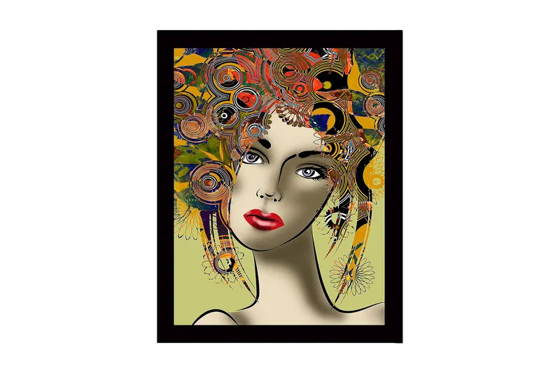 Innrammet lerretsbilde i tre - 41x56 cm - Portrett av en kvinne med fargerik frisyre og sterke ansiktstrekk - Rød / Gul / Grønn - Innredning - Bilder & kunst