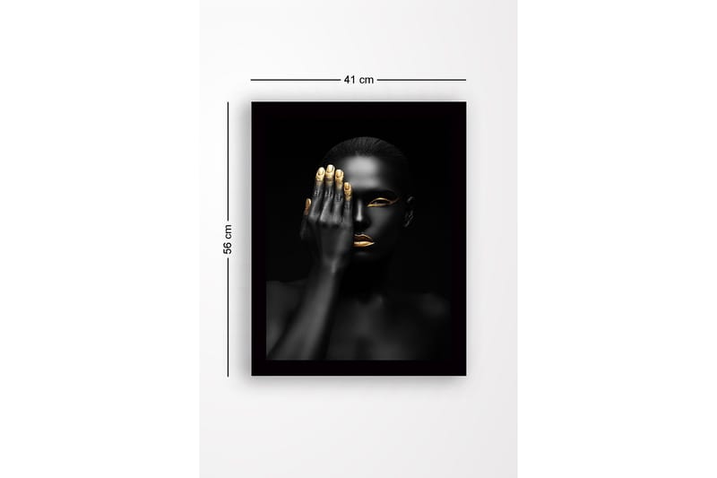 Innrammet lerretsbilde i tre - 41x56 cm - Portrett av en kvinne med en hånd som dekker halve ansiktet - Svart / Gull - Innredning - Bilder & kunst