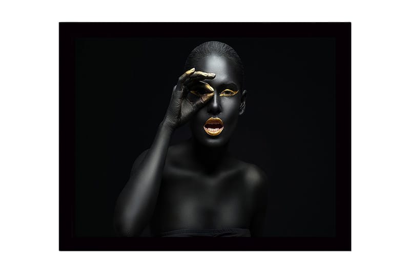 Innrammet lerretsbilde i tre - 41x56 cm - Portrett av en kvinne med svart kroppsmaling og gulldetaljer, Svart / Gull