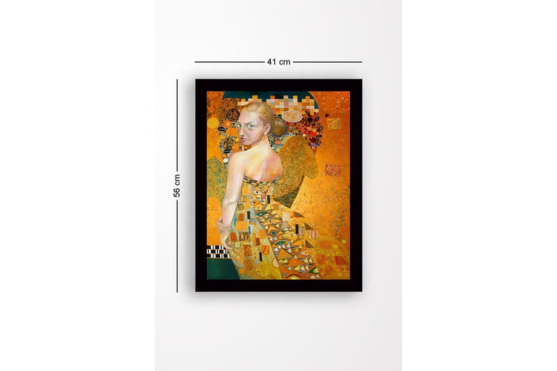 Innrammet lerretsbilde i tre - 41x56 cm - Portrett av en kvinne med gyllen kjole og detaljerte mønstre - Gull / Beige / Grønn - Innredning - Bilder & kunst