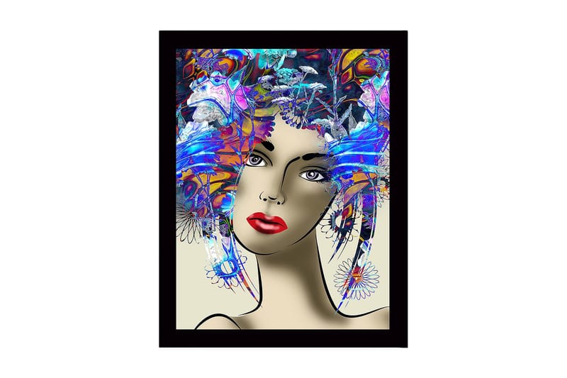Innrammet lerretsbilde i tre - 41x56 cm - Portrett av en kvinne med fargerik frisyre og sterke ansiktstrekk, Blå / Rød / Lilla