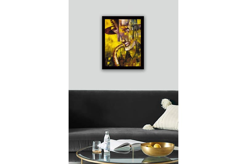 Innrammet trelerretsbilde - 41x56 cm - Abstrakt portrett av en musiker med saksofon - Gul / Brun / Grå - Innredning - Bilder & kunst