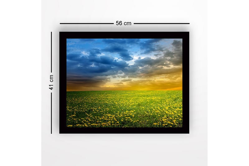 Innrammet trelerretsbilde - 41x56 cm - Blomstrende eng med gule løvetann under en dramatisk himmel - Gul / Blå / Grønn - Innredning - Bilder & kunst