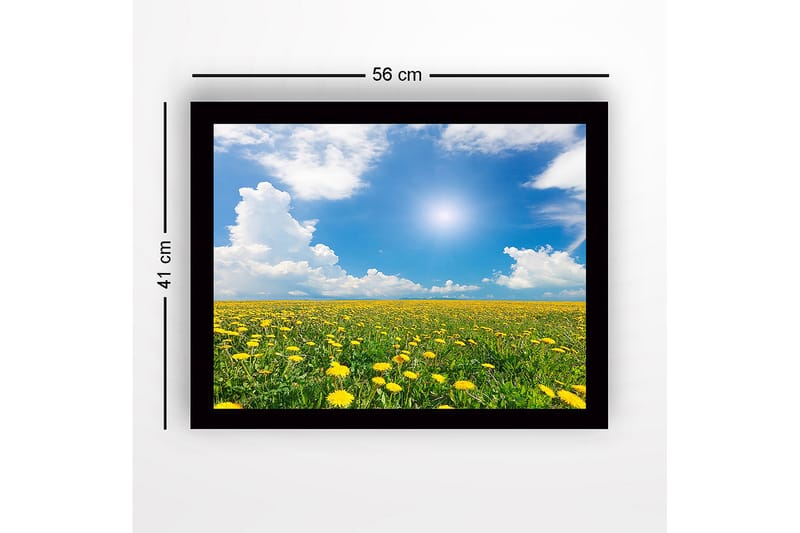 Innrammet trelerretsbilde - 41x56 cm - Blomstrende felt med løvetann under en klar blå himmel - Gul / Grønn / Blå - Innredning - Bilder & kunst