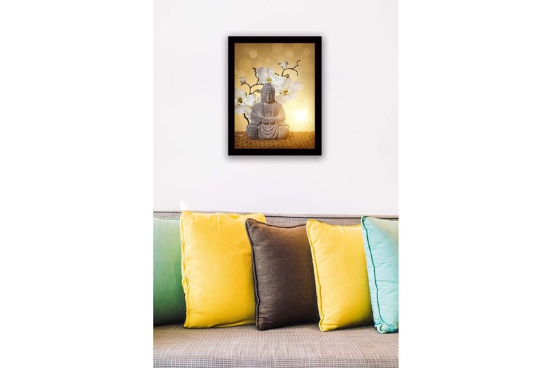 Innrammet trelerretsbilde - 41x56 cm - Buddha-statue omgitt av hvite magnoliaer - Grå / Hvit / Gul - Innredning - Bilder & kunst