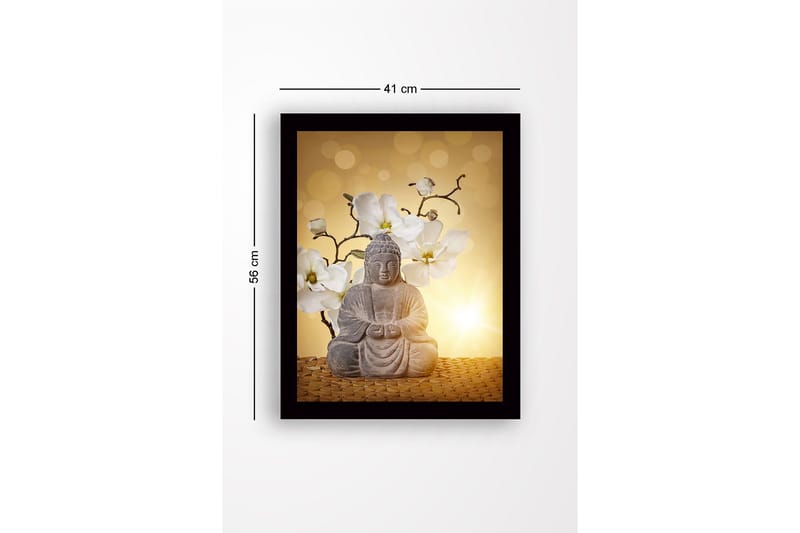 Innrammet trelerretsbilde - 41x56 cm - Buddha-statue omgitt av hvite magnoliaer - Grå / Hvit / Gul - Innredning - Bilder & kunst