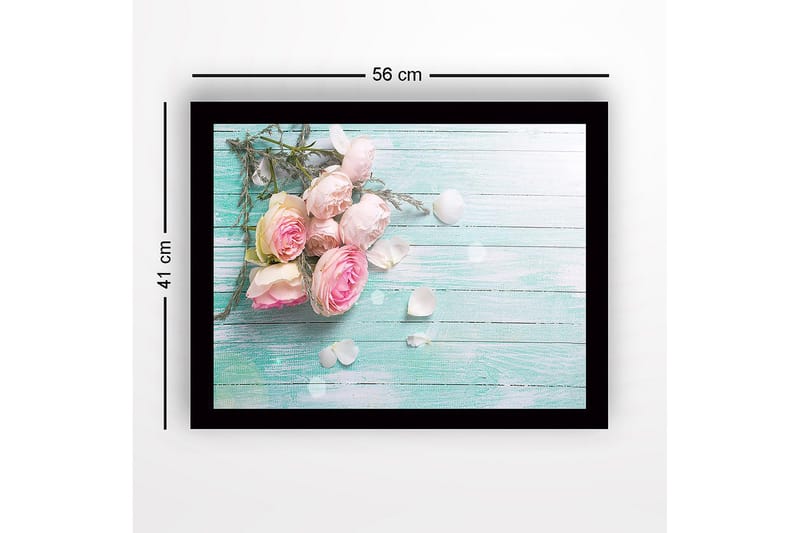 Innrammet trelerretsbilde - 41x56 cm - Bukett med rosa roser med blader og kronblader på en lysegrønn bakgrunn - Rosa / Lys grønn / Hvit - Innredning - Bilder & kunst