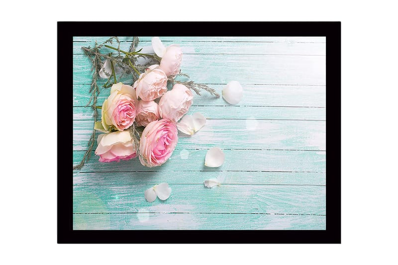 Innrammet trelerretsbilde - 41x56 cm - Bukett med rosa roser med blader og kronblader på en lysegrønn bakgrunn - Rosa / Lys grønn / Hvit - Innredning - Bilder & kunst