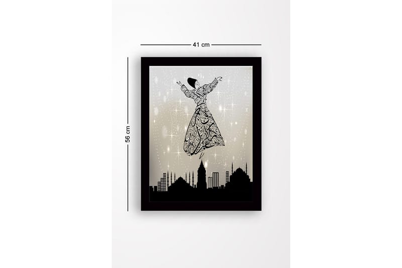 Innrammet trelerretsbilde - 41x56 cm - Dansende figur i en utsmykket kjole som svever over en bysilhuett - Svart / Grå / Hvit - Innredning - Bilder & kunst