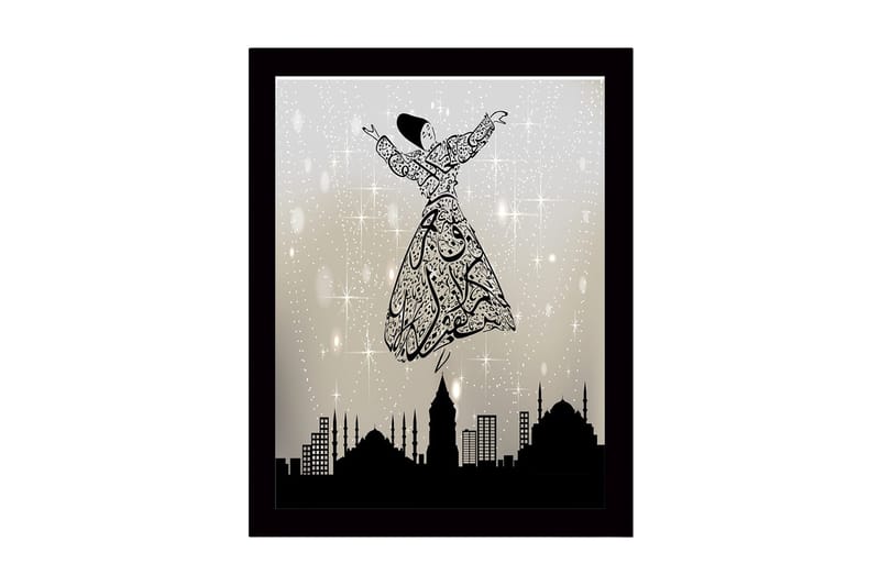 Innrammet trelerretsbilde - 41x56 cm - Dansende figur i en utsmykket kjole som svever over en bysilhuett, Svart / Grå / Hvit