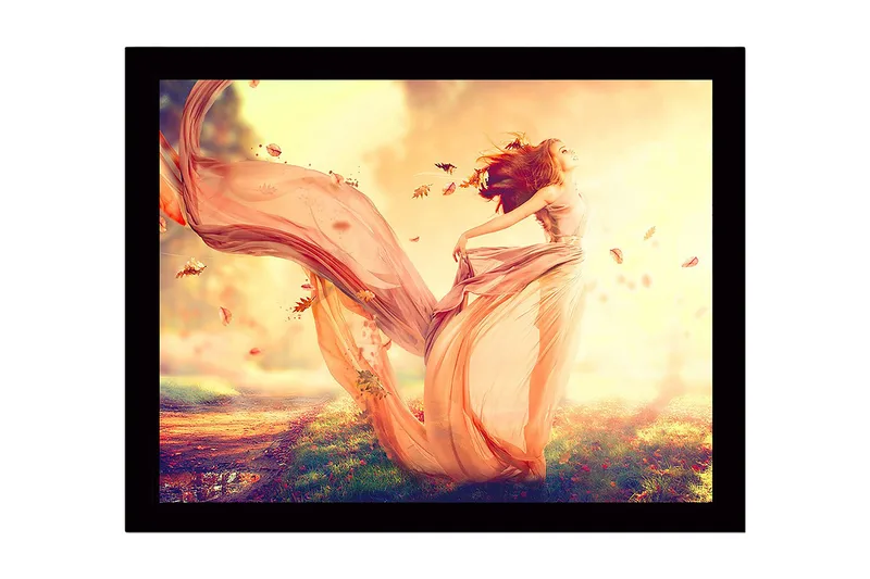 Innrammet trelerretsbilde - 41x56 cm - Dansende kvinne i en flagrende kjole omgitt av høstblader - Lys rosa / Oransje / Gull - Innredning - Bilder & kunst