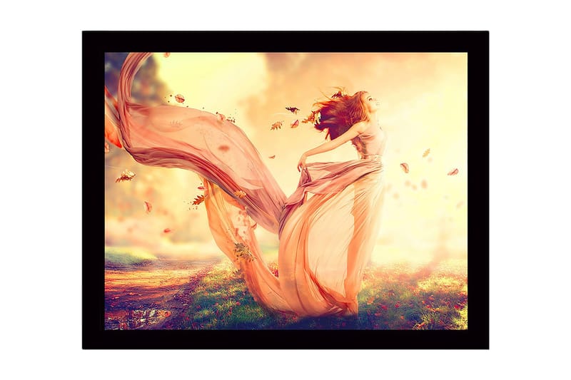 Innrammet trelerretsbilde - 41x56 cm - Dansende kvinne i en flagrende kjole omgitt av høstblader, Lys rosa / Oransje / Gull