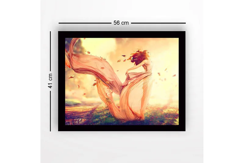 Innrammet trelerretsbilde - 41x56 cm - Dansende kvinne i en flagrende kjole omgitt av høstblader - Lys rosa / Oransje / Gull - Innredning - Bilder & kunst