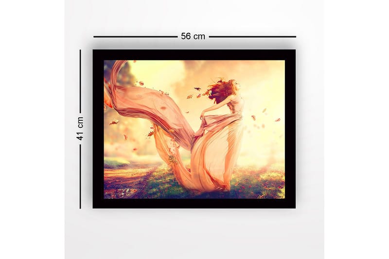 Innrammet trelerretsbilde - 41x56 cm - Dansende kvinne i en flagrende kjole omgitt av høstblader - Lys rosa / Oransje / Gull - Innredning - Bilder & kunst