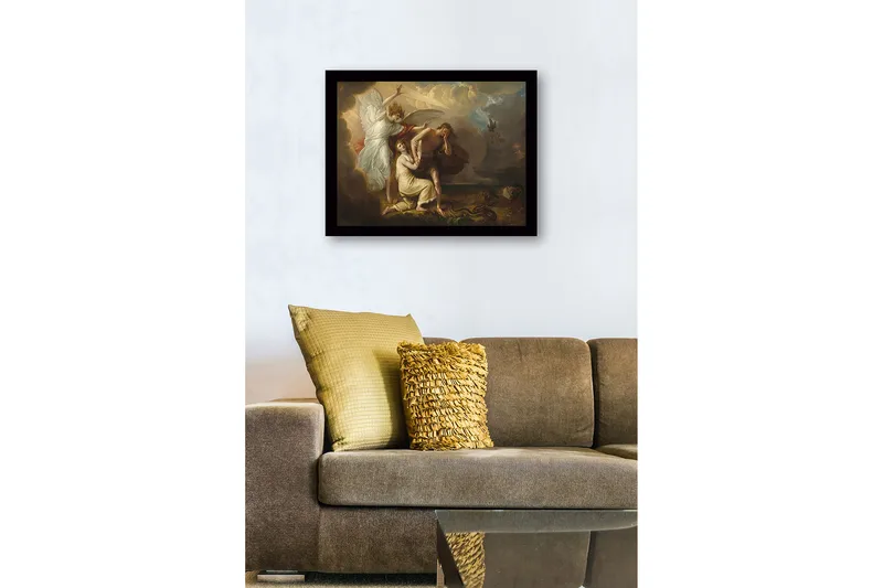 Innrammet trelerretsbilde - 41x56 cm - Dramatisk øyeblikk med en engel som beskytter en kvinne og en mann i sorg - Lys beige / Mørk brun / Hvit - Innredning - Bilder & kunst