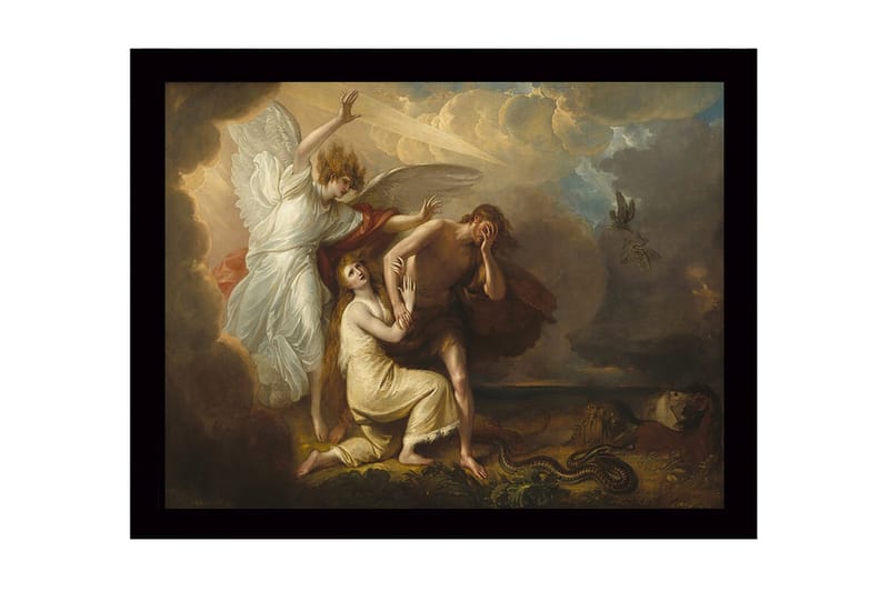 Innrammet trelerretsbilde - 41x56 cm - Dramatisk øyeblikk med en engel som beskytter en kvinne og en mann i sorg - Lys beige / Mørk brun / Hvit - Innredning - Bilder & kunst