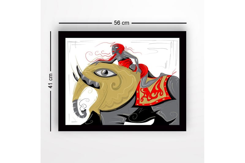 Innrammet trelerretsbilde - 41x56 cm - Elefant med en kvinne i en rød kjole som rir på ryggen - Gull / Rød / Svart - Innredning - Bilder & kunst