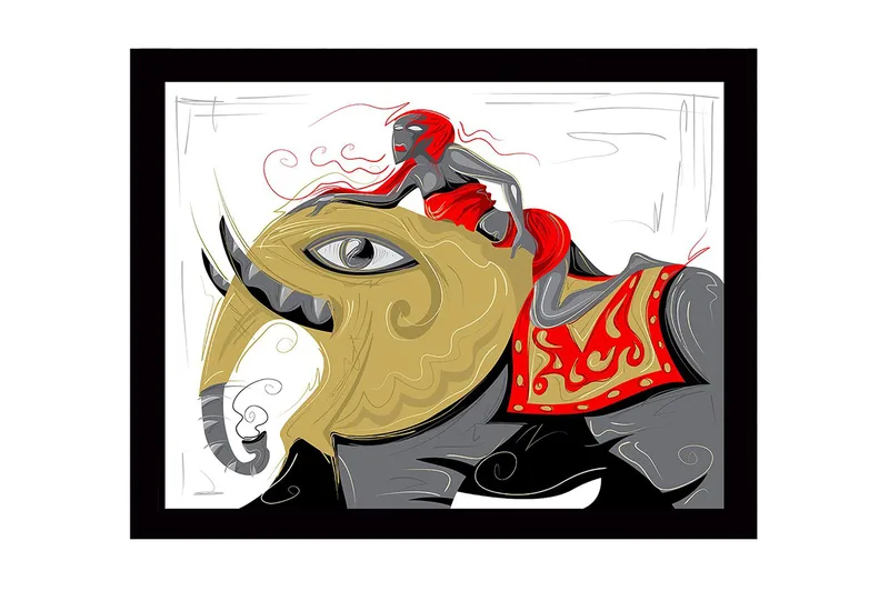 Innrammet trelerretsbilde - 41x56 cm - Elefant med en kvinne i en rød kjole som rir på ryggen, Gull / Rød / Svart