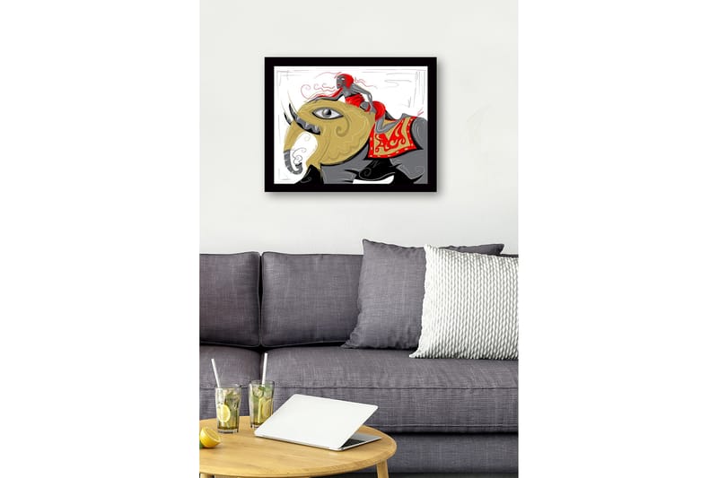 Innrammet trelerretsbilde - 41x56 cm - Elefant med en kvinne i en rød kjole som rir på ryggen - Gull / Rød / Svart - Innredning - Bilder & kunst