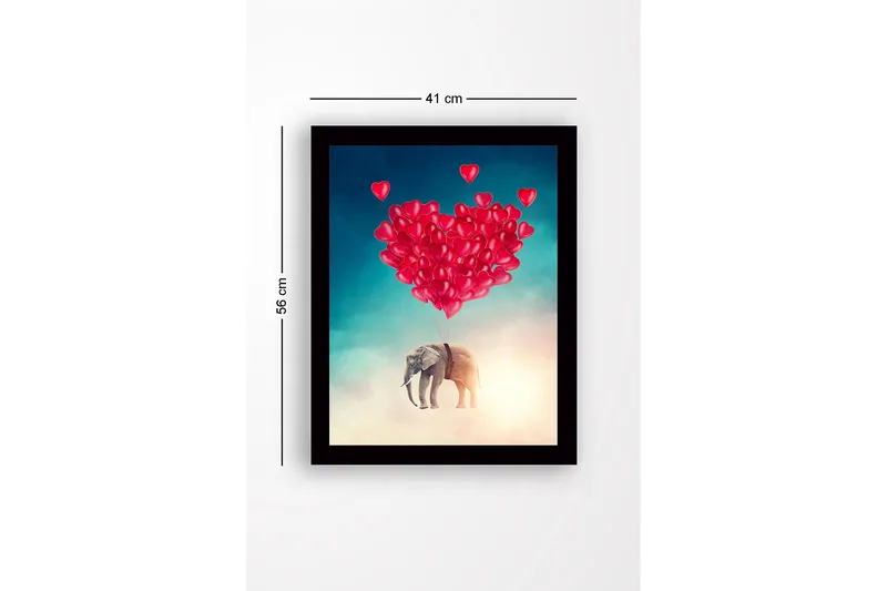 Innrammet trelerretsbilde - 41x56 cm - Elefant som svever med hjerteformede ballonger - Rød / Grå / Turkis - Innredning - Bilder & kunst