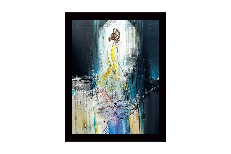 Innrammet trelerretsbilde - 41x56 cm - Elegant kvinne i gul kjole som beveger seg gjennom et drømmeaktig miljø, Gul / Blå / Svart