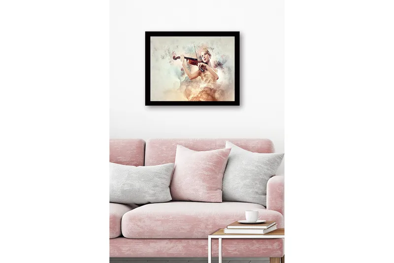 Innrammet trelerretsbilde - 41x56 cm - Elegant kvinne som spiller fiolin omgitt av drømmeaktige skyer - Lys beige / Myk rosa / Gull - Innredning - Bilder & kunst