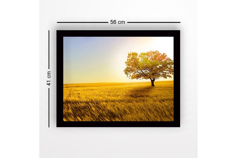 Innrammet trelerretsbilde - 41x56 cm - Ensomt høsttre i en gyllen åker - Gull / Grønn / Oransje - Innredning - Bilder & kunst