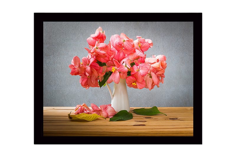 Innrammet trelerretsbilde - 41x56 cm - Fargerik blomsterbukett i en hvit vase - Rosa / Grønn - Innredning - Bilder & kunst