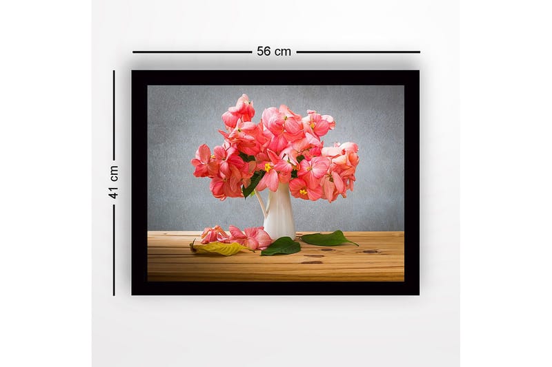 Innrammet trelerretsbilde - 41x56 cm - Fargerik blomsterbukett i en hvit vase - Rosa / Grønn - Innredning - Bilder & kunst