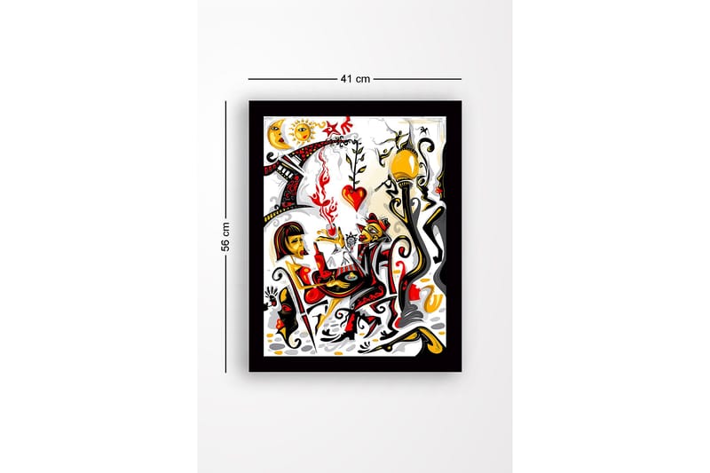 Innrammet trelerretsbilde - 41x56 cm - Fargerik scene med to figurer som samhandler i en romantisk atmosfære - Rød / Svart / Gul - Innredning - Bilder & kunst