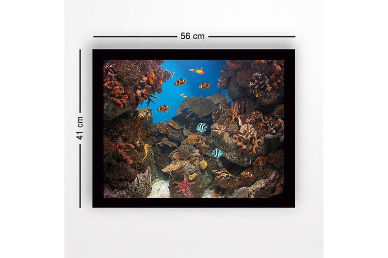Innrammet trelerretsbilde - 41x56 cm - Fargerik undervannsscene med korallrev og svømmende fisk - Blå / Oransje / Grønn - Innredning - Bilder & kunst