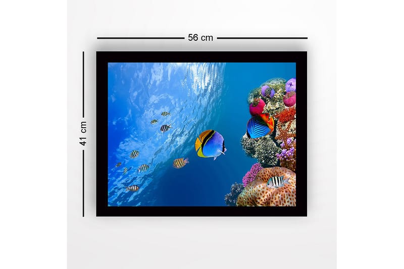 Innrammet trelerretsbilde - 41x56 cm - Fargerik undervannsscene med korallrev og svømmende fisk - Blå / Oransje / Rosa - Innredning - Bilder & kunst