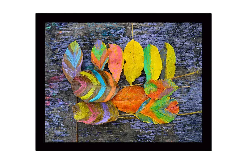 Innrammet trelerretsbilde - 41x56 cm - Fargerike blader arrangert på en mørk bakgrunn, Gul / Lilla / Grønn