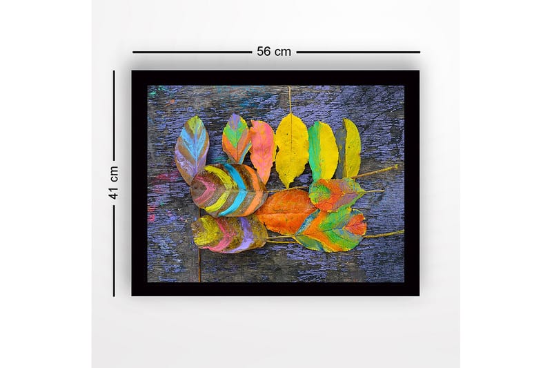 Innrammet trelerretsbilde - 41x56 cm - Fargerike blader arrangert på en mørk bakgrunn - Gul / Lilla / Grønn - Innredning - Bilder & kunst